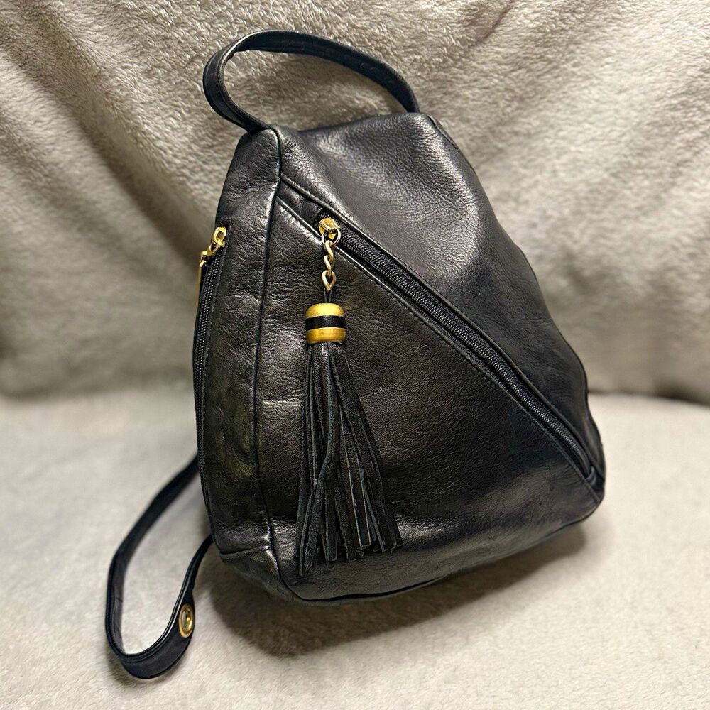 Vintage Tignanello Black Leather Mini Backpack Crossbody Strap Zip Tassel Bag